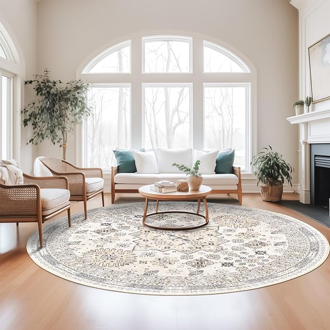 zesthome 8ft Round Rugs for Living Room, Non-Slip Washable Round Area Rugs, Ultra-Thin Large Circle Rugs, Soft Low Pile Rug for Bedroom, Kitchen - Vintage Stain Resistant Round Rug (Beige,8'x8')