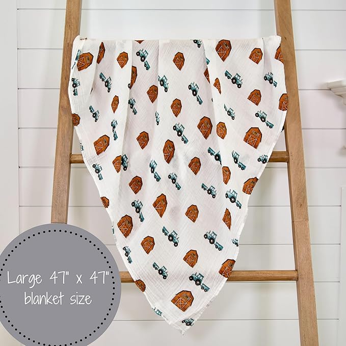 LollyBanks Swaddle Blanket, 100% Cotton Muslin Swaddle Blankets for Boys and Girls, Large 47 x 47 Inches Newborn Swaddles, Soft and Breathable Baby Blanket, Baby Essentials, Registry (Barn Print)