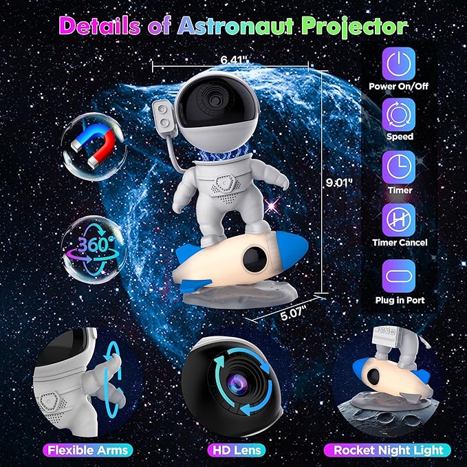 Star Projector, Astronaut Galaxy Projector for Bedroom, 12 in 1 HD Planetarium Projector with Timer & Rocket Night Lights, 360° Rotating Galaxy Star Night Light Projector for Kids Gifts