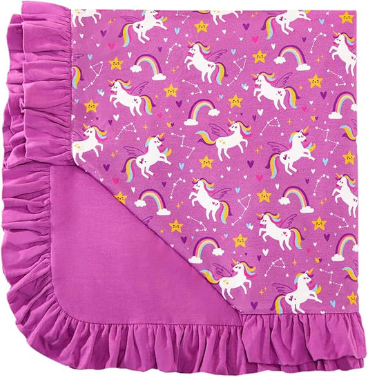 Premium Baby Blanket for Girls, Stretchy Quilt, Soft Crib Bedding for Newborn Baby and Toddler, Ruffle Nursery Blanket for Kids, Viscose Made from Bamboo 50''x50'' Purple Unicorn