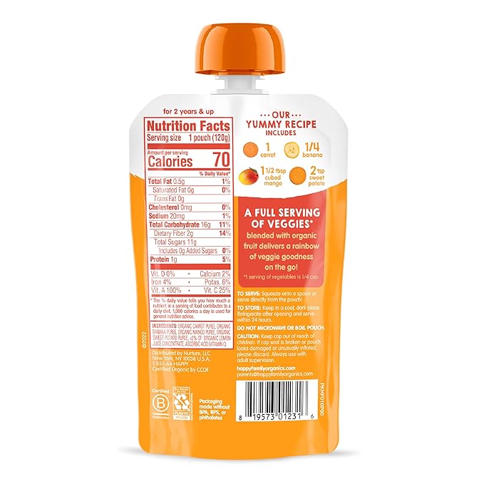 Happy Tot Organics Stage 4 Baby Food Pouches, Gluten Free, Vegan Snack, Love My Veggies, Fruit & Veggie Puree, Carrot, Banana, Mango & Sweet Potato, 4.22 Ounce (Pack of 16)