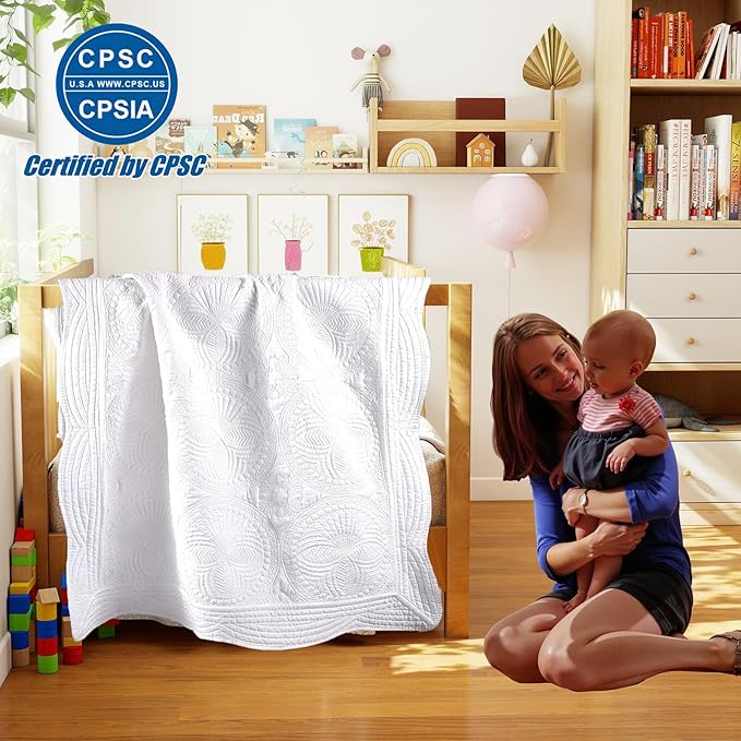 Embossed Baby Quilt Neutral Durable Lightweight Baby Blankets Four Seasons Cotton Nursery Bed Blankets for Personlized Monogram 46x36 Inches (White)