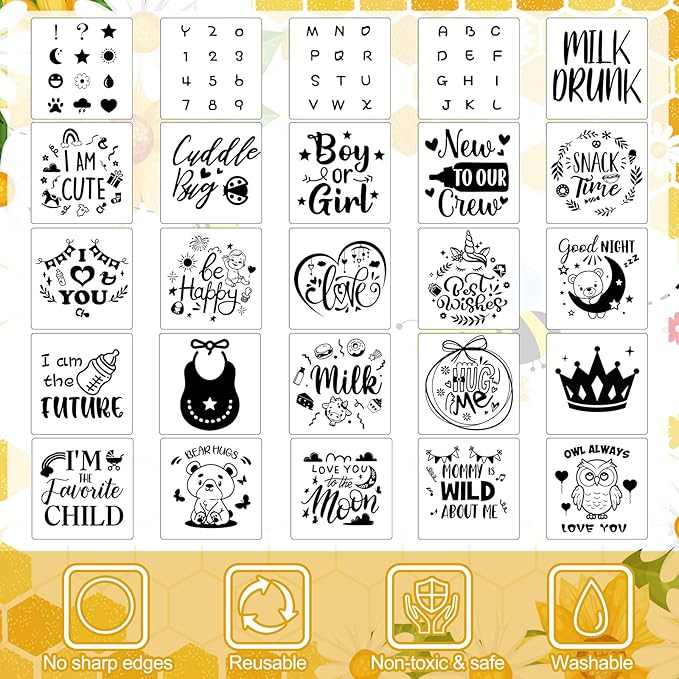Panitay 126 Pcs Baby Shower DIY Bodysuit Set Rustic Kraft Baby Shower Game Sign DIY Bib 25 Blank White Newborn Bodysuit 25 Stencils 24 Marker 1 Sign 50 Pins for Gender Reveal(Bee)