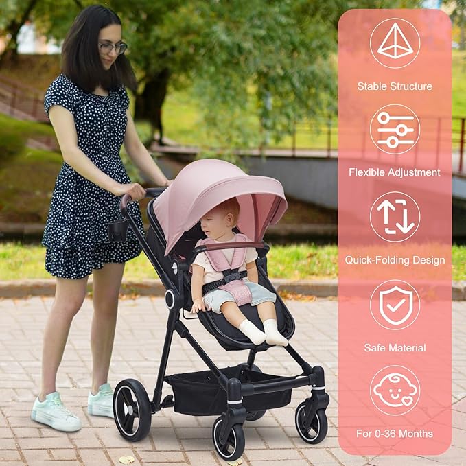2 in 1 Baby Stroller for Toddler 0-3, Bassinet Stroller for NewbornToddler with Large Storage Basket, Removable Seat, Cup Holder, Shock Absorbing