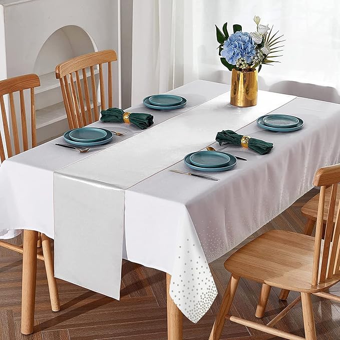 8Pack Disposable Plastic Tablecloths and Satin Table Runner Set White and Silver Dot Tablecloth Silver Satin Table Runner for Wedding Birthday Baby Shower Anniversary Christmas New Year Party Supplies