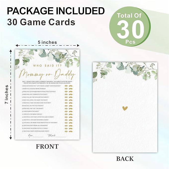 Guess Who Said It? Mommy Or Daddy Baby Shower Game Cards - Golden Greenery - 30 Double-Sided Fill In Style Game Cards For Gender Reveal, Baby Announcement, Party Games & Activity - D04