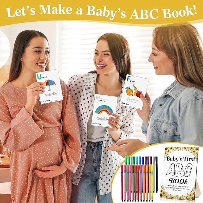 Geelin 51 Pcs Fun Baby Shower Game Activities First ABC Book Sign Coloring Game Card 26 Alphabet a to Z Coloring Card with 24 Watercolor Pen Storage Bag for Baby Shower Party(Sunflower)