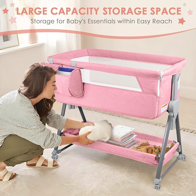 BIERUM Baby Bassinet for Baby - 7 Height Adjustable Bedside Bassinet with Lockable Wheels, Easy to Assemble Portable Bedside Crib with Large Storage Bag & Mattress for Newborn/Infant