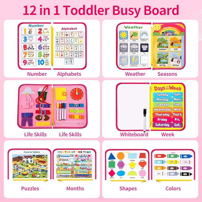 12-page Toddler Busy Board Montessori Toys for 1 2 3 4 Years Old, Busy Book for Toddlers 1-3 Girl Birthday Gift, 24 in 1 Activity Sensory Toys for Motor Skills, Travel Toy for Car Airplane (Pink)