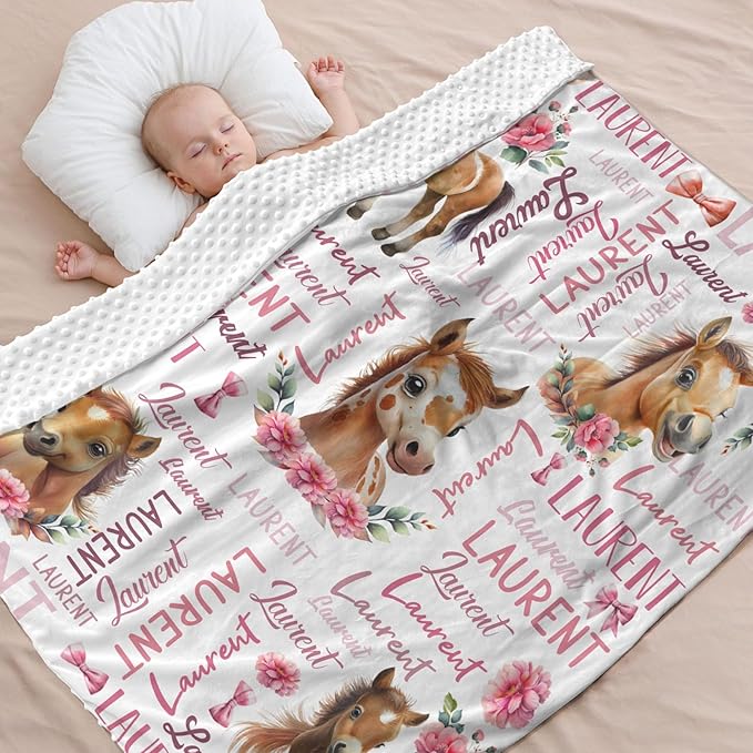 Personalized Baby Blanket for Girls Pink Pony Custom Baby Blankets with Name Dotted Backing Customized Gifts for New Mom Customize Baby Blanket for Kids Newborn Birthday (Pony)
