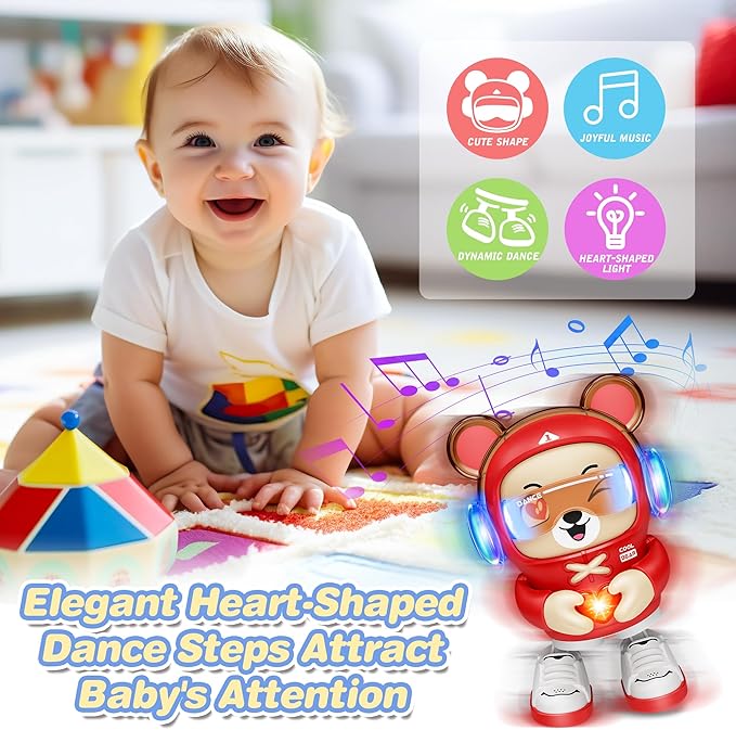 2 Pcs Dancing Bear Toys, Baby Dancing Moving Crawling Musical Toys Age 3-12 Months, with Light, Musical and Dancing, Birthday Gift for Age 1 2 3 4 Year Old Toddlers