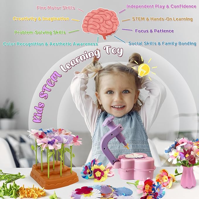 Fabric Flower Bouquet Toys for Kids – Mess-Free & Creative DIY Arts and Crafts for Child Ages 3 4 5 6 7 8 9+, No Glue Needed, Fun Early Educational STEM Gift for Birthdays, Christmas, Holidays