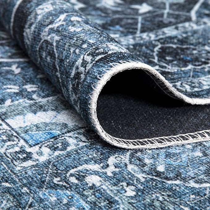 Bloom Rugs Caria Washable Non-Slip 10 ft Runner - Blue/Charcoal Traditional Runner for Entryway, Hallway, Bathroom, and Kitchen - Exact Size: 2'6" x 10'