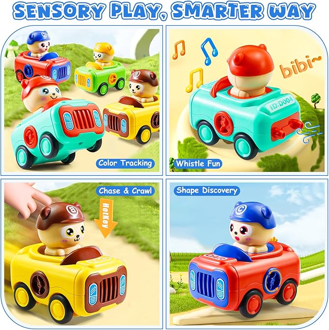 Baby Car Toys for Toddler 1-3, 4PCS Press to Go Push Car, Infant Play Whistle Vehicle Toy Set for 12-18 Months, 1st Birthday Christmas Easter Gifts for 1-2 Years Old Boys