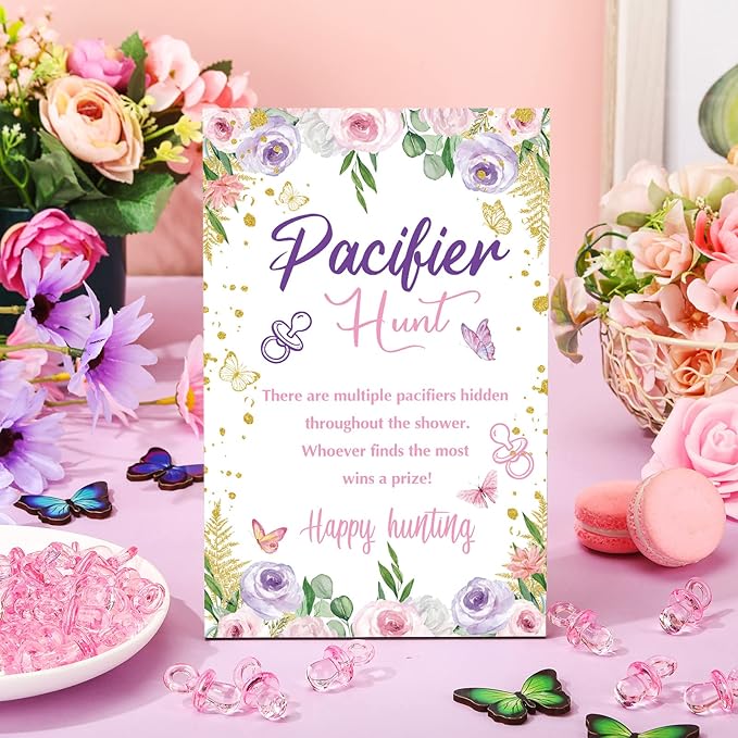 Thyle 51 Pcs Pacifier Hunt Baby Shower Games Include Hunt Sign and 50 Acrylic Pacifiers for Baby Shower Game Decoration Gift Sets Gender Reveal Party Decor(Butterfly)