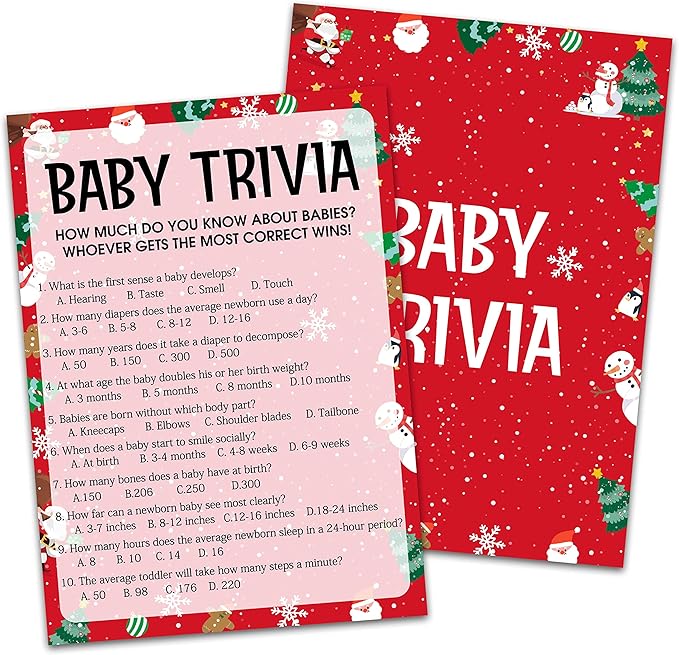 Baby Shower Game Cards, Baby Trivia Game, Christmas Party Cards for Gender Neutral, Set of 30 Cards(Chris002)