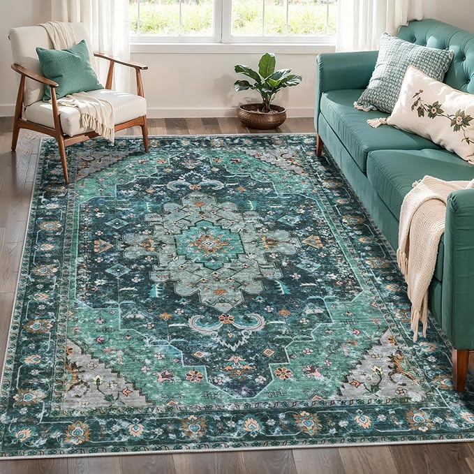 Ciicool Boho Machine Washable Area Rug, 4x6 Rugs for Living Room Non-Slip Bedroom Rug Vintage Rug Ultra-Thin Throw Distressed Large Low-Pile Carpet for Dining Room Office