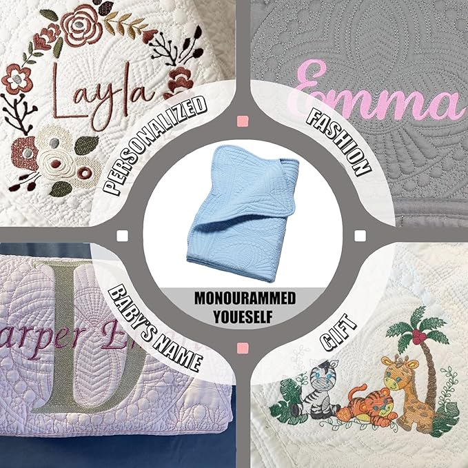 Embossed Baby Quilt Neutral Durable Lightweight Baby Blankets Four Seasons Cotton Nursery Bed Blankets for Personlized Monogram 46x36 Inches (Baby Blue)