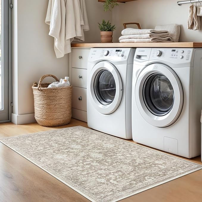 KILOCOCO Area Rug 3x5 Entryway Rug Washable Printed Vintage Floral Rubber Backed Non Slip Indoor Kitchen Rugs for Living Room Laundry Room Playroom Mudroom Moroccan Area Rugs, Beige