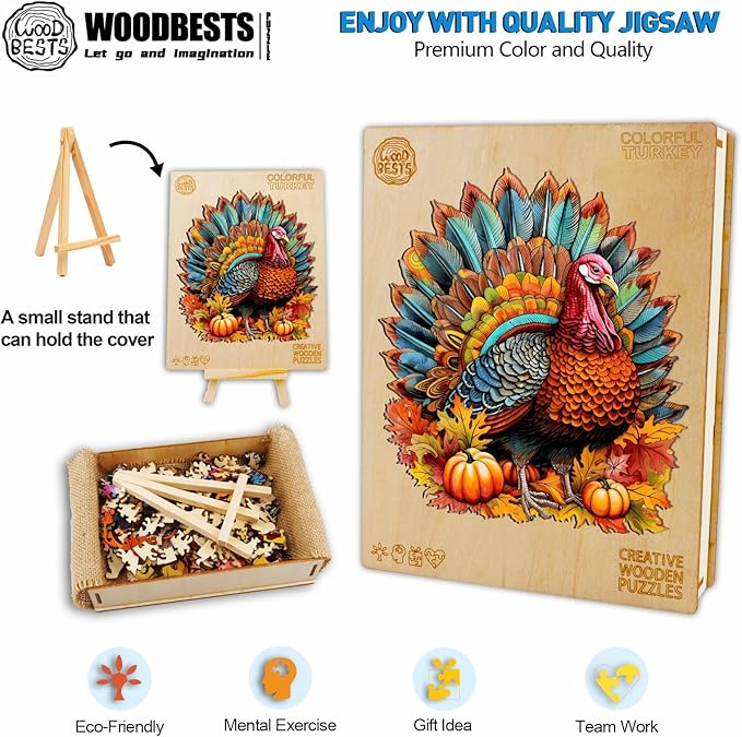 WOODBESTS Wooden Puzzle for Adults, Colorful Turkey Puzzle (M, 200pcs, 11.4"x10.3") Beautiful Wooden Box, Wooden Jigsaw Puzzles Unique Shape, Thanksgiving Gifts for Adults and Kids Family Game