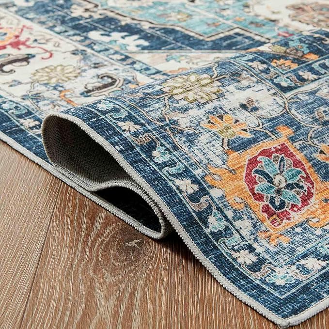 jinchan Area Rug 6x9 Washable Living Room Rug Indoor Large Vintage Floor Cover Distressed Navy Blue Multi Lightweight Non Slip Thin Carpet for Kitchen Bedroom Dining Room