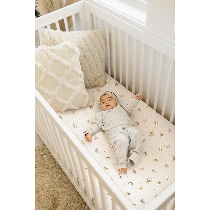 Konssy Muslin Crib Sheets for Girl Boy, 2 PCS Soft and Breathable Cotton Baby Sheets for Standard Crib Mattress, 52"x 28" (Sunbeam Yellow, Coffice)
