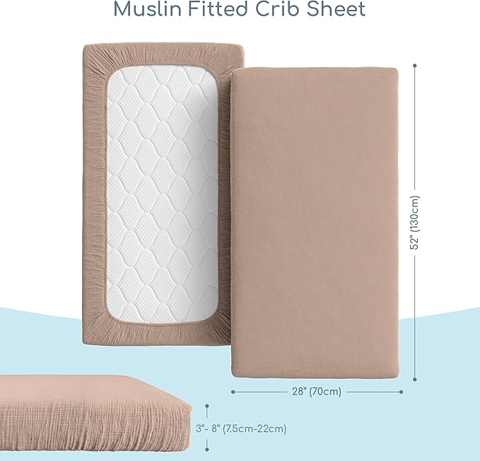 Muslin Crib Sheets, 100% Organic Cotton, Breathable and Ultra-Soft, Standard Crib Sheet Mattress (28"x 52") for Girls and Boys, Neutral Fitted Baby Crib Sheet (Tan)