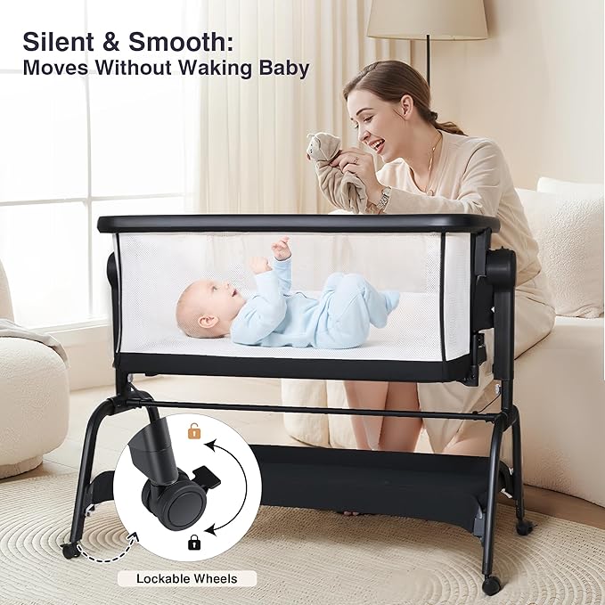 Bedside Cribs 3 in 1 Baby Bassinet Bedside Sleeper with Adjustable Height Easy Folding Portable Crib Comfy Mattress and Wheels - Black