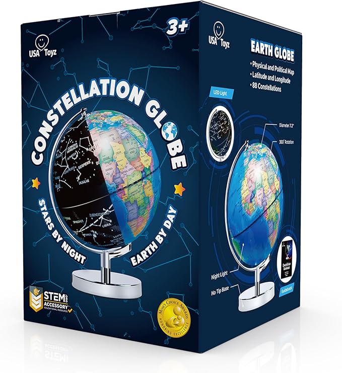 USA Toyz Illuminated Globe for Kids Learning- 3-in-1 STEM Globes of the World with Stand, Constellation Map, Built-in LED Night Light Desk Globe Lamp, Non-Tip Metal Base, 9.75” Tall, 7 Inch Diameter