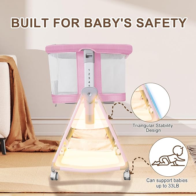 Baby Bassinet with Musical Toy,3 in 1 Baby Bassinets Bedside Sleeper,All Mesh Bedside Bassinet with Storage Basket and Wheels,7 Height Adjustable Bedside Crib for 0-6 Months Baby (Pink)