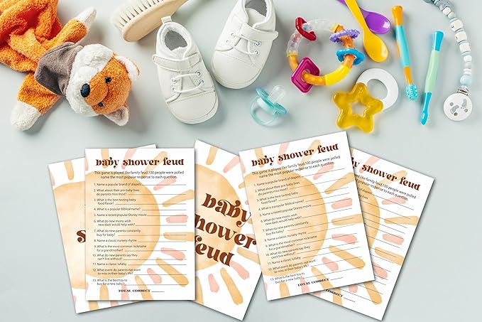 Baby Shower Games, Boho Sun Baby Shower Feud Game, Sunshine Here Comes The Son Gender Reveal Games, Set of 25 Cards(Bohosun003)
