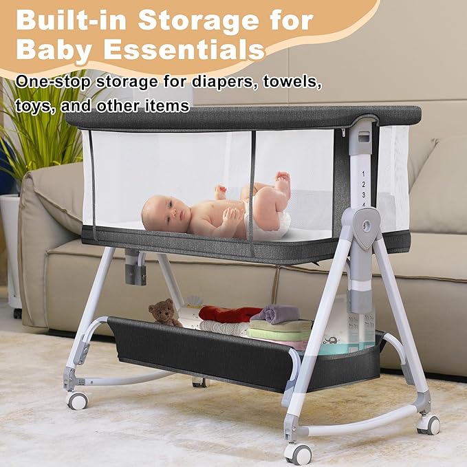 Baby Bassinet,3 in 1 Bedside Bassinet for Baby with Hanging Toys, Portable Foldable Bassinets Bedside Sleeper,4-Sided Mesh Bedside Crib with Wheels and Storage Basket,6 Height Adjustable (Black)