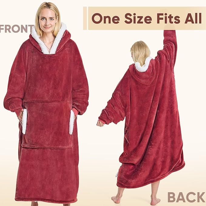 yescool Wearable Blanket Hoodie - birthday gifts for Adults/Women/mom, Flannel Cozy Sherpa Fleece Blanket Sweatshirt with Hood, Pocket & Sleeves, Large, One Size Fits All (Red)