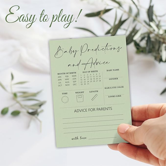 5"x7" Minimalist Green Baby Shower Game Cards, 30 Pcs Baby Predictions And Advice Games Cards, Baby Shower Games For New Parents, Gender Reveal Party Supplies - A02