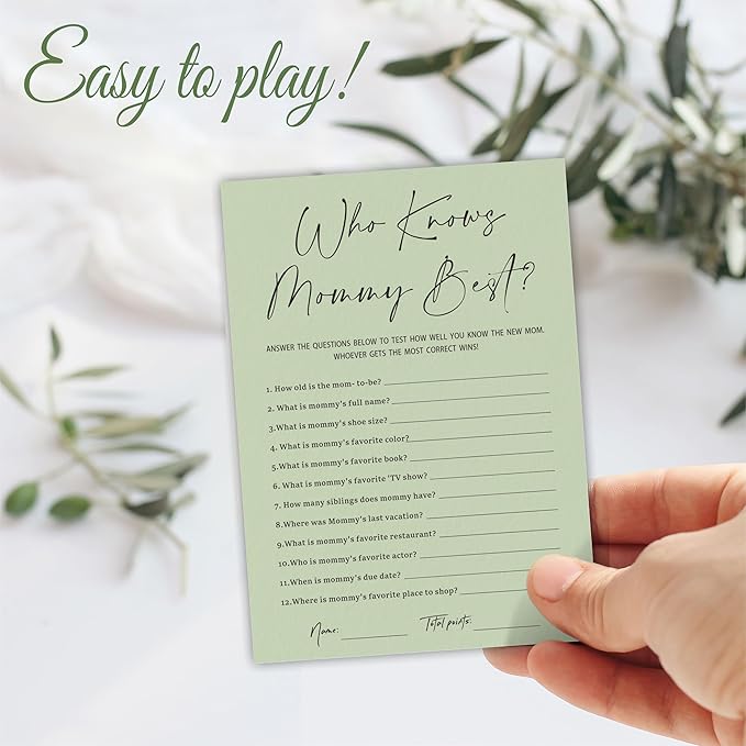 30 Pcs Minimalist Green Shower Game Cards, Who Knows Mommy Best, Games To Play With Family and Friends, Baby Announcement, Gender Reveal Party Supplies - A07