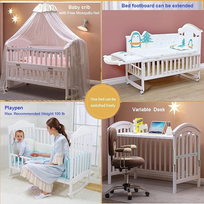 Portable Mini Baby Crib 4 in 1 with Memory Foam Mattress(38"by24") Included, Cunas para Bebes 2025 Convertible Crib 6 in1 with Foldable Storage Baby Playpen Bassinet Bedside Sleeper Bed(White)