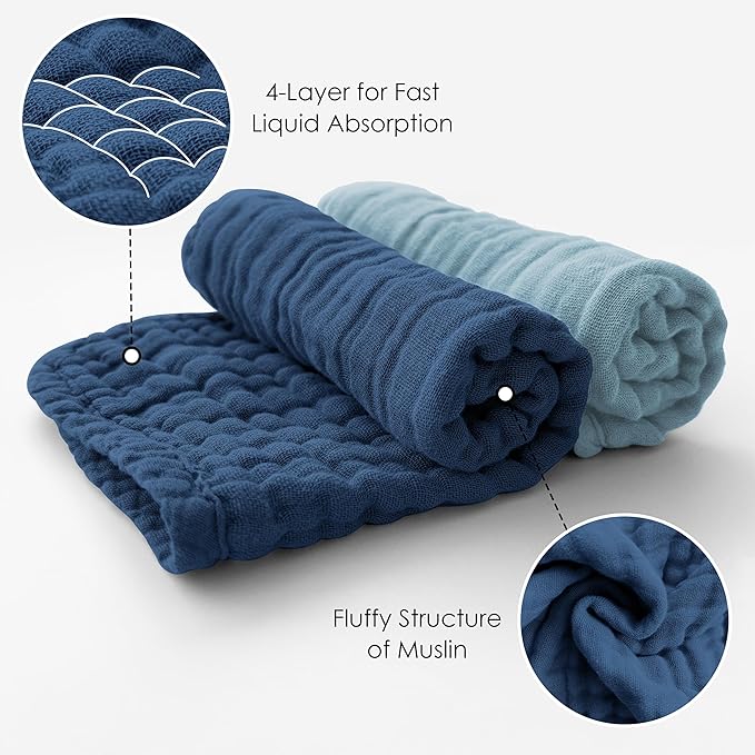 MOON PARK Baby Washcloths, 12 Pack - 12x12 Inches, Small Burp Cloths and Baby Wipes - 100% Cotton Muslin Ultra Soft for Newborn, Infant and Toddlers - Slate, Grey and Navy Series