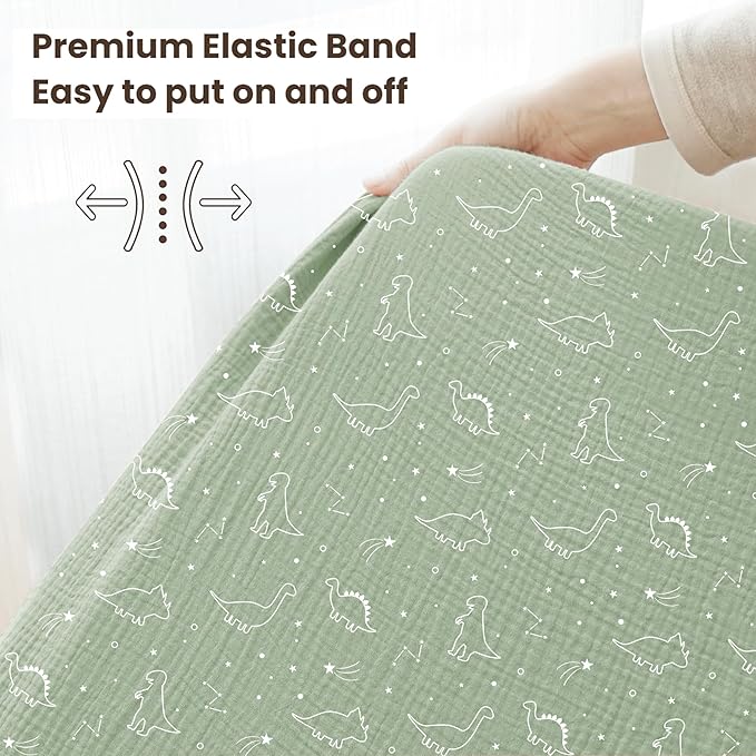Konssy Muslin Crib Sheets for Boys, Soft Cotton Neutral Baby Sheets for Standard Crib Mattress 2 Pack, 52"x28" (Dino Jungle,Sage Dino)