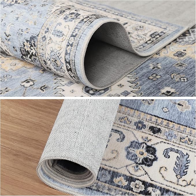 Dripex Hallway Runner Rug 2x10, Washable Rug Kitchen Rug Non Slip with Rubber Backing Soft Thin Vintage Carpet Runner for Entryway Bedroom Bathroom Laundry Room Living Room Decor, Blue Cream Multi