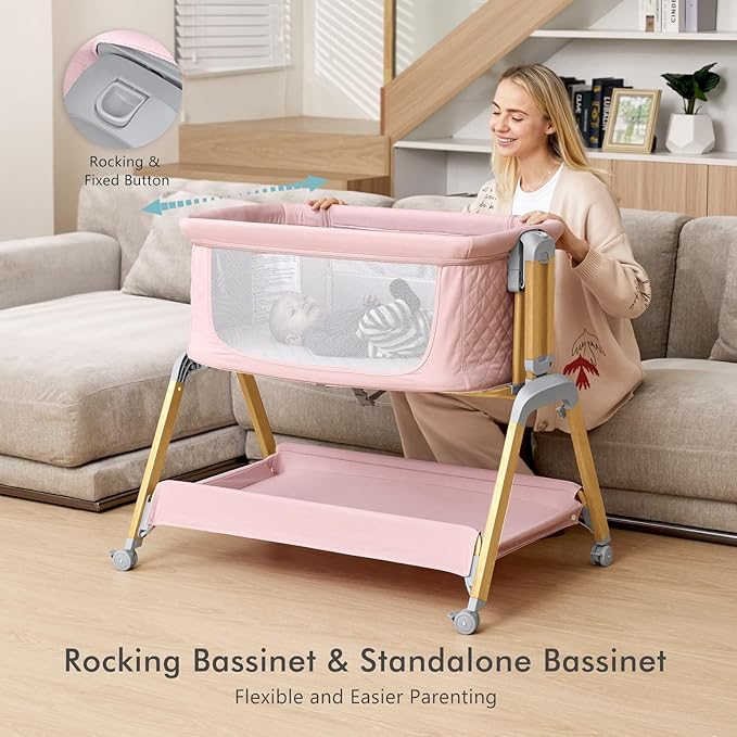 Bassinet Bedside Sleeper, Rocking Bassinets with Comfy Mattress and Wheels for Newborn, 5-Height Adjustable (Pink)