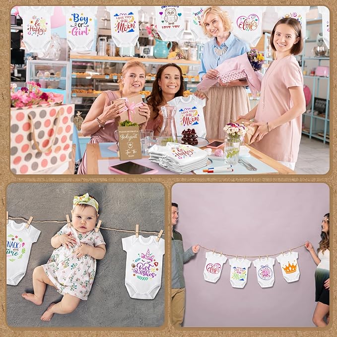 Panitay 126 Pcs Baby Shower DIY Bodysuit Set Rustic Kraft Baby Shower Game Sign DIY Bib 25 Blank White Newborn Bodysuit 25 Stencils 24 Marker 1 Sign 50 Pins for Gender Reveal(Kraft)