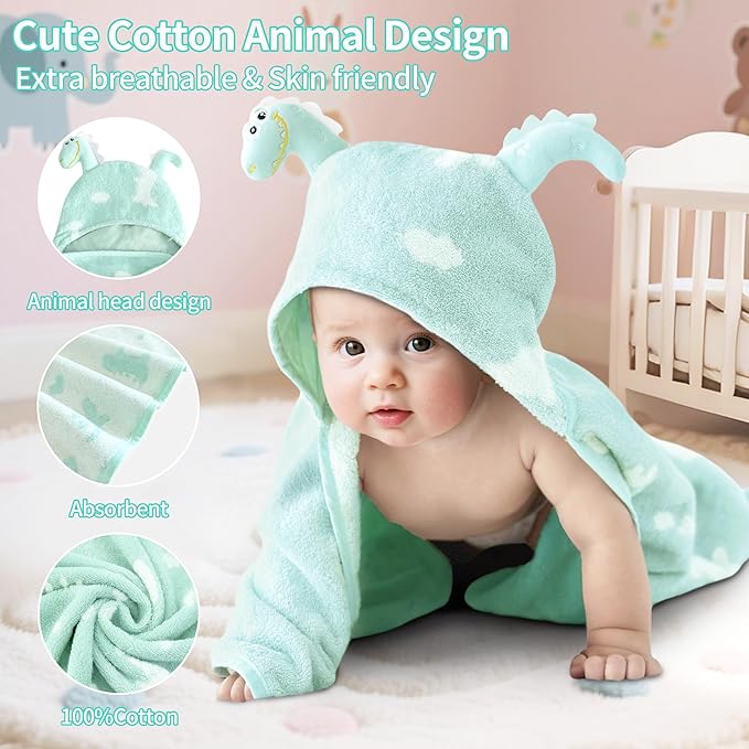 VOOVA & MOVAS Baby Hooded Bath Towel - 100% Cotton, 35.5x24 Inches,0-3Years, Super Absorbent Large Hood with Cute Dino for Newborn, Baby, Toddler,Dino