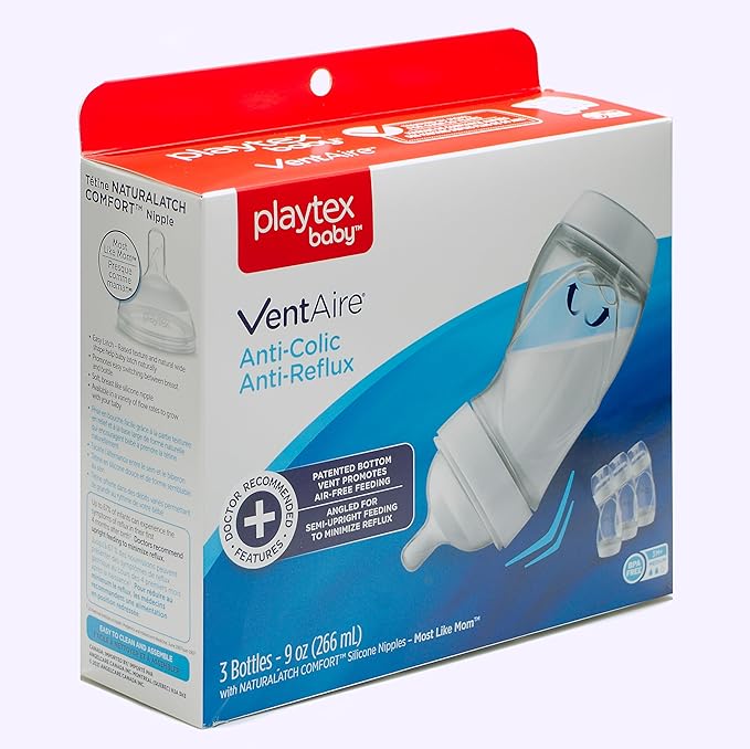 Playtex Baby VentAire Complete Tummy Comfort Baby Bottle, Anti-Colic & Anti-Reflux, Clear, 9 Oz, 3 Count