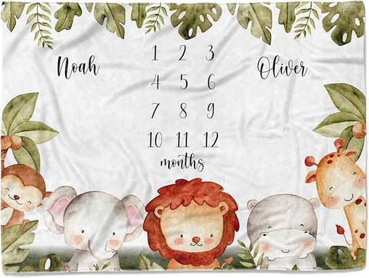 MDPrints Global Personalized Twin Milestone Blanket, Custom Monthly Baby Blankets with Name for Boys and Girls, 30x40 & 50x60inch Soft Plush Fleece (Safari 541)