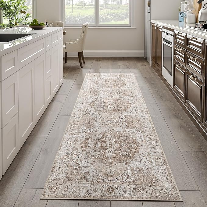 jinchan Runner Rug 2x8 Washable Hallway Rug Vintage Traditional Floor Cover Thin Taupe Multi Distressed Floral Indoor Mat for Kitchen Bathroom Bedroom Living Room