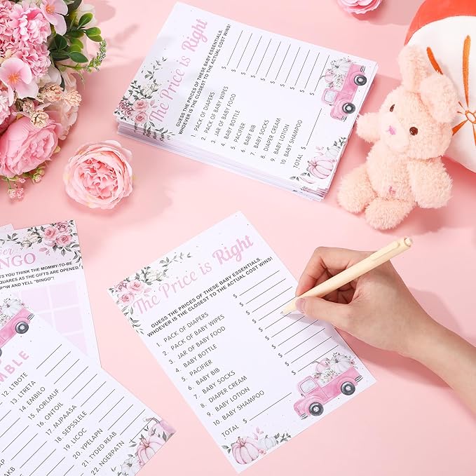 Jetec 302 Pcs Pink Pumpkin Theme Baby Shower Games, 6 Games, 50 Sheets Each, Shower Party Bingo, Word Scramble, Baby Word Search, Predictions and Advice, the Price Is Right, Guess Who