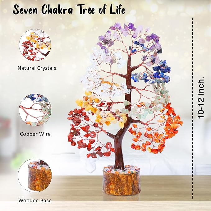 Crocon Seven Chakra Gemstone Tree Copper Wire Feng Shui Money Bonsai Good Luck Chakra Healing Crystals Home Decoration Ornament Figurine Wealth Prosperity Gift Size: 10-12"