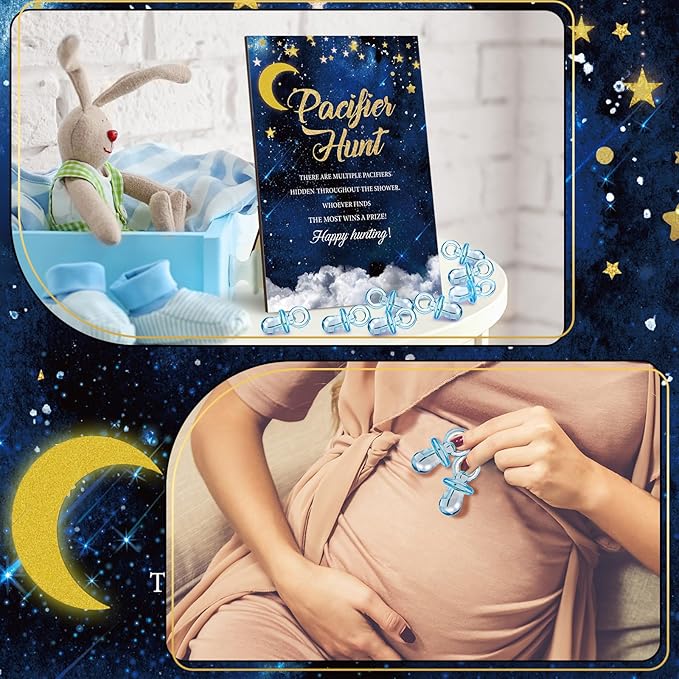 Thyle 51 Pcs Pacifier Hunt Baby Shower Games Include Hunt Sign and 50 Acrylic Pacifiers for Baby Shower Game Decoration Gift Sets Gender Reveal Party Decor(over the Moon)