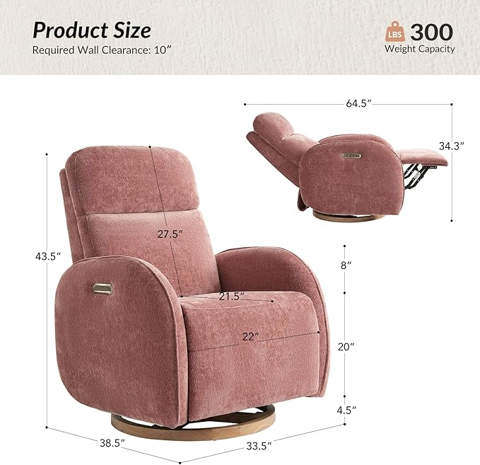 HULALA HOME Glider Recliner Nursery Chair with Adjustable Headrest and Lumbar Support, Modern Power Recliner with USB Port and Nightlight, Swivel Rocker Glider for Nursing Room Bedroom, Pink