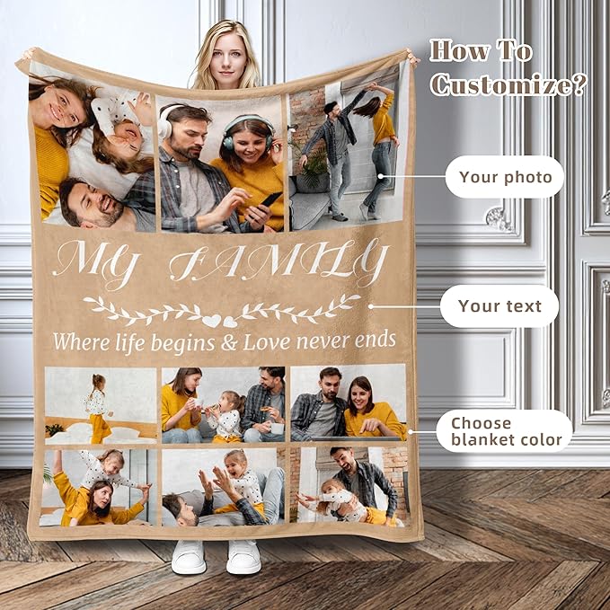 Custom Personalized 9 Photo Collage Blanket Thow Gifts with Text, Customized Pictures Blankets Gift for Christmas Birthday Thanksgiving Adults Kids Dad Mom Girlfriend Boyfriend (9 Family)